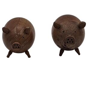 Wood Pig Salt Pepper Shakers Set of 2 Hand Carved Wooden Farmhouse Rustic Decor